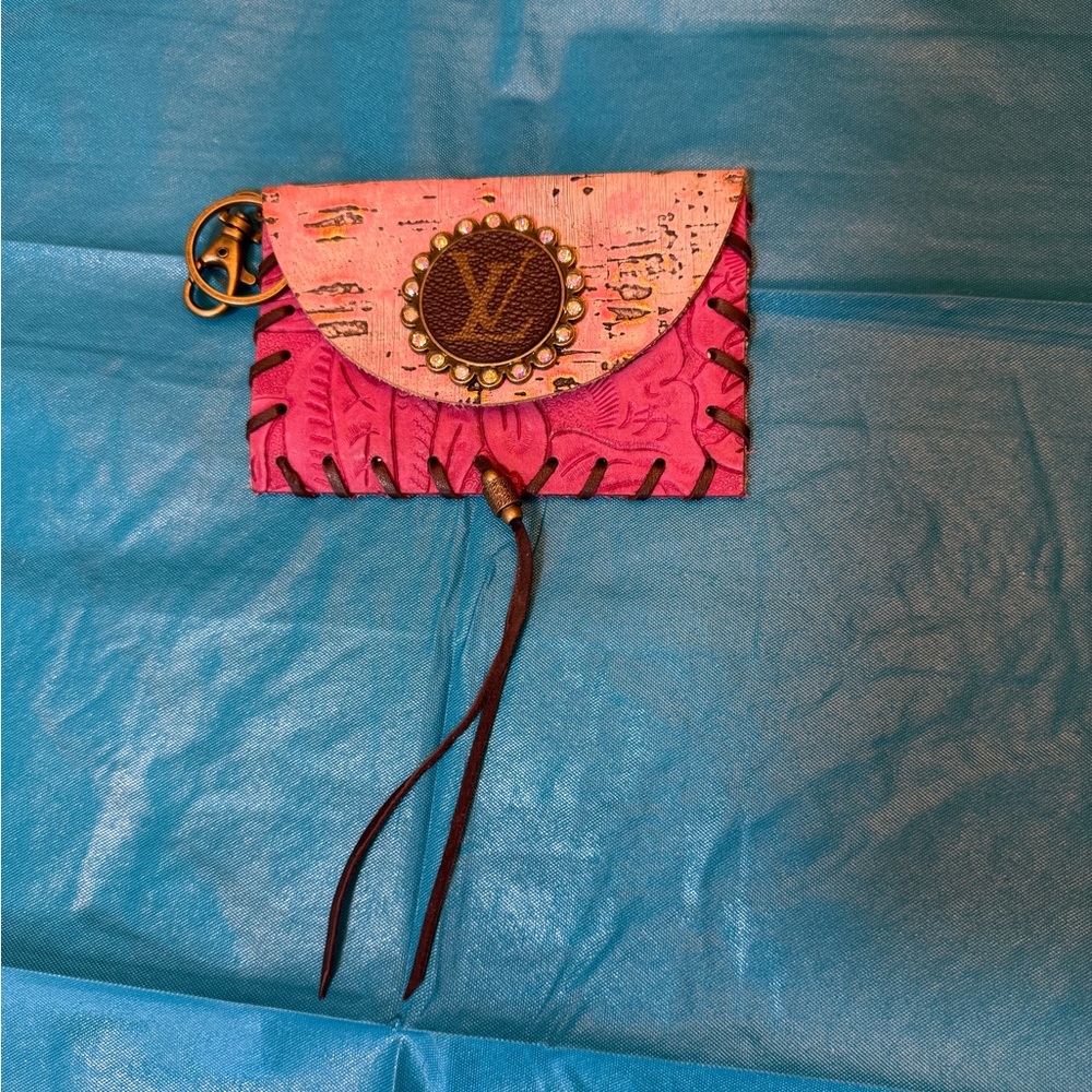 LV Pink Leather Key Pouch with Decorative Medallion